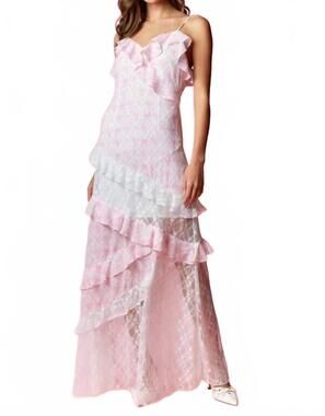 NEW RARERAW coquette printed lace mixed ruffle maxi dress in pink